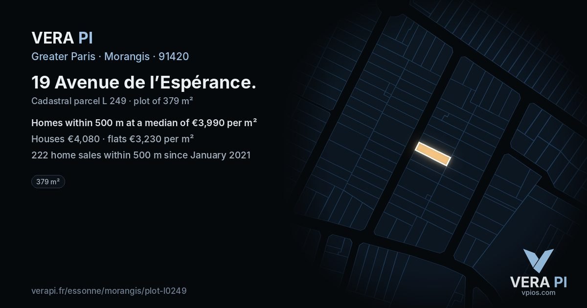 19 Avenue de l’Espérance, Morangis at night – the plot lit, the parcels around coloured by the prices near them