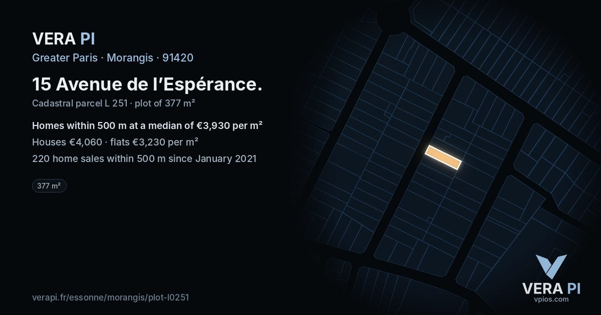 15 Avenue de l’Espérance, Morangis at night – the plot lit, the parcels around coloured by the prices near them