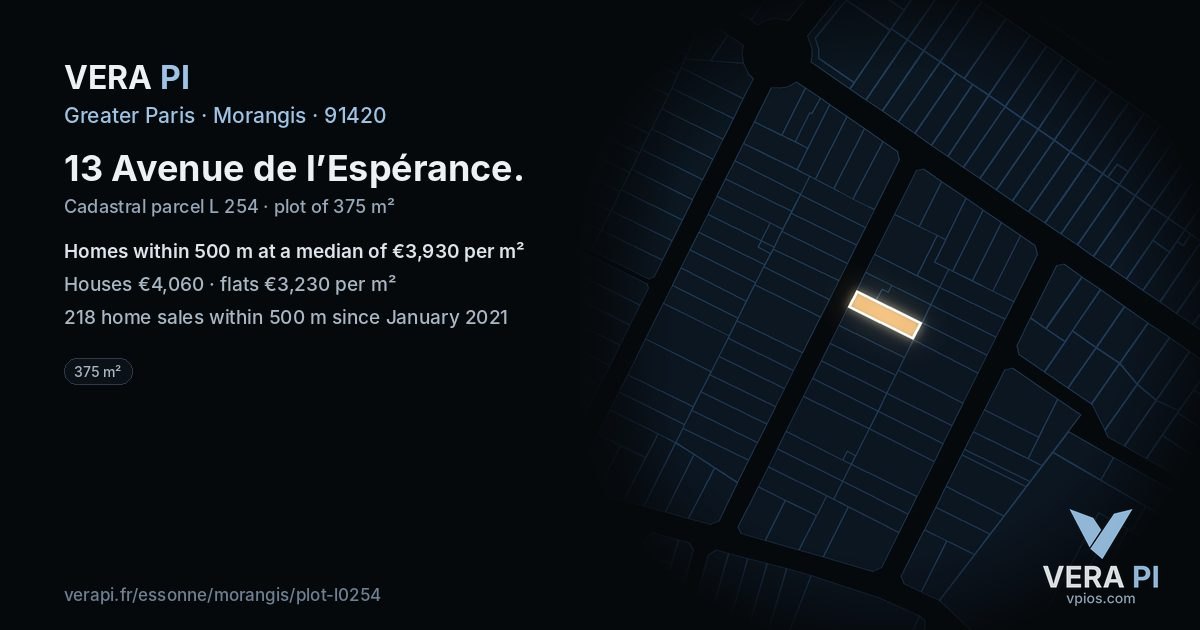 13 Avenue de l’Espérance, Morangis at night – the plot lit, the parcels around coloured by the prices near them