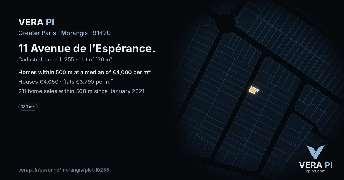 11 Avenue de l’Espérance, Morangis at night – the plot lit, the parcels around coloured by the prices near them