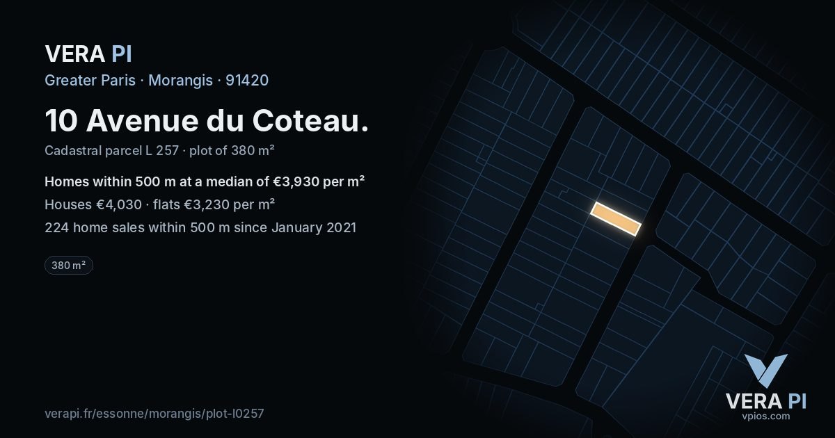 10 Avenue du Coteau, Morangis at night – the plot lit, the parcels around coloured by the prices near them
