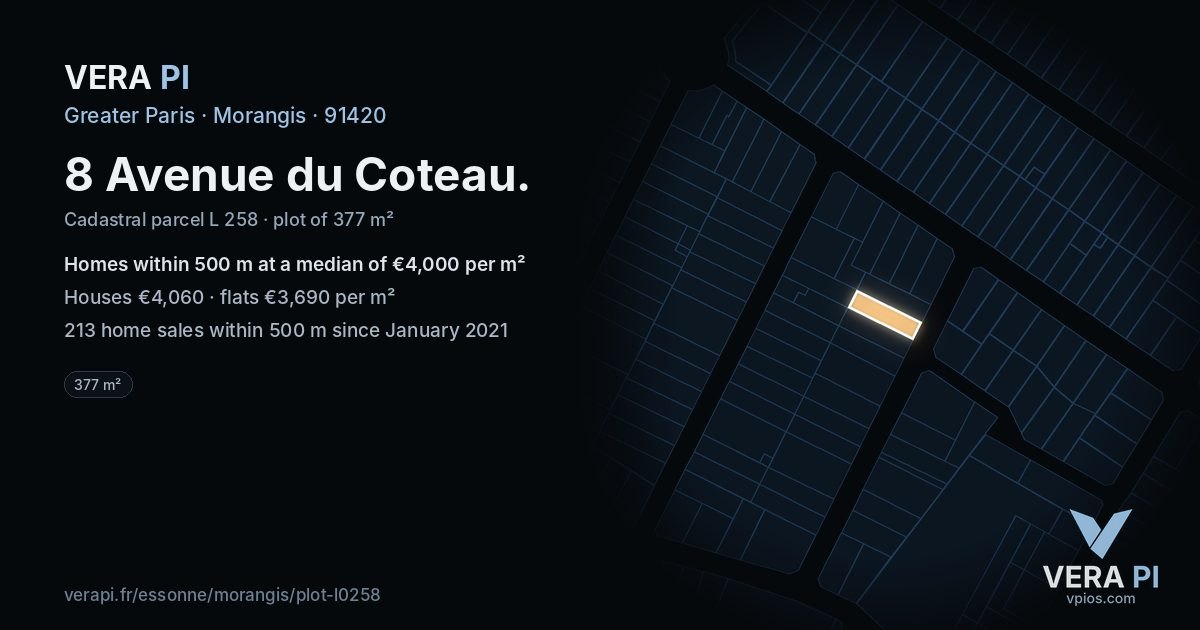 8 Avenue du Coteau, Morangis at night – the plot lit, the parcels around coloured by the prices near them