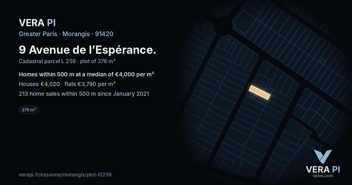 9 Avenue de l’Espérance, Morangis at night – the plot lit, the parcels around coloured by the prices near them