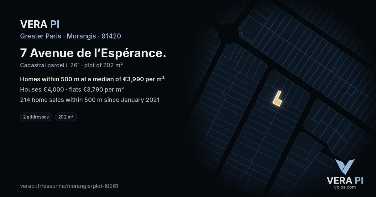 7 Avenue de l’Espérance, Morangis at night – the plot lit, the parcels around coloured by the prices near them