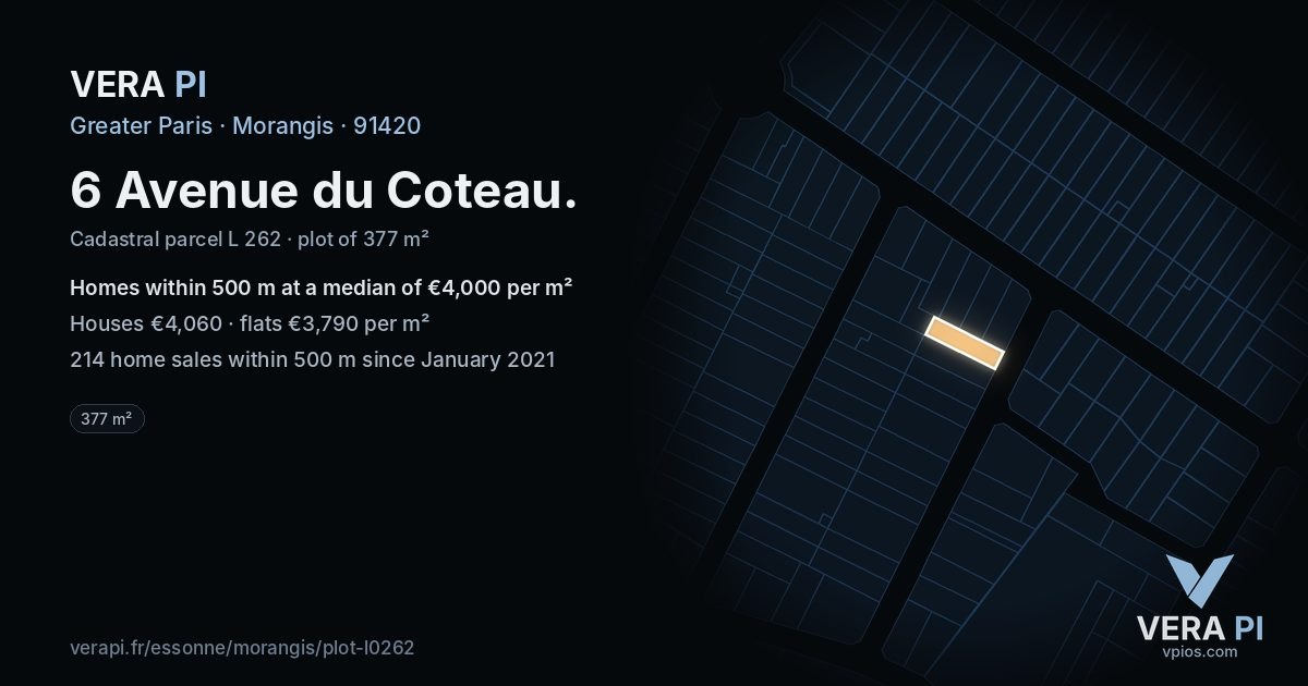 6 Avenue du Coteau, Morangis at night – the plot lit, the parcels around coloured by the prices near them