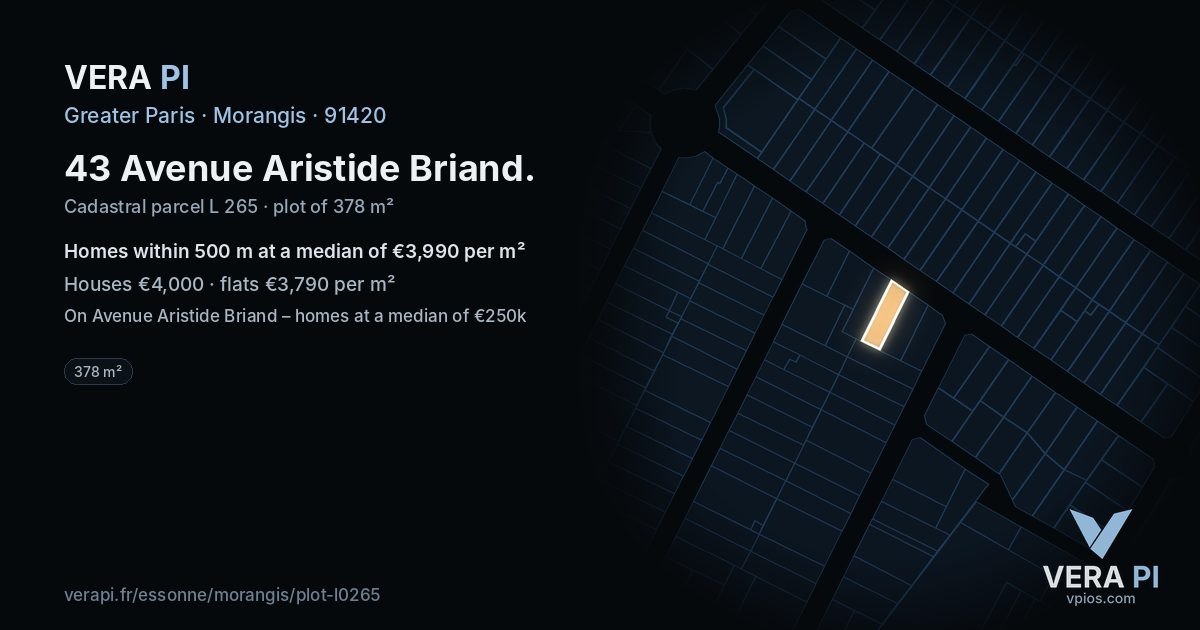 43 Avenue Aristide Briand, Morangis at night – the plot lit, the parcels around coloured by the prices near them