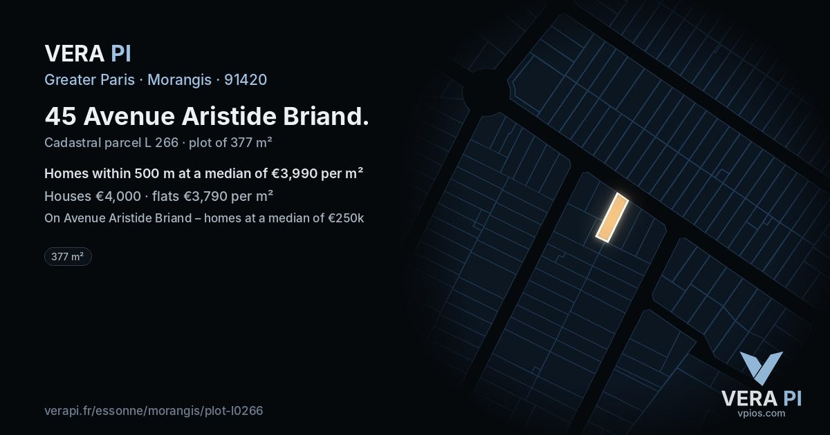45 Avenue Aristide Briand, Morangis at night – the plot lit, the parcels around coloured by the prices near them