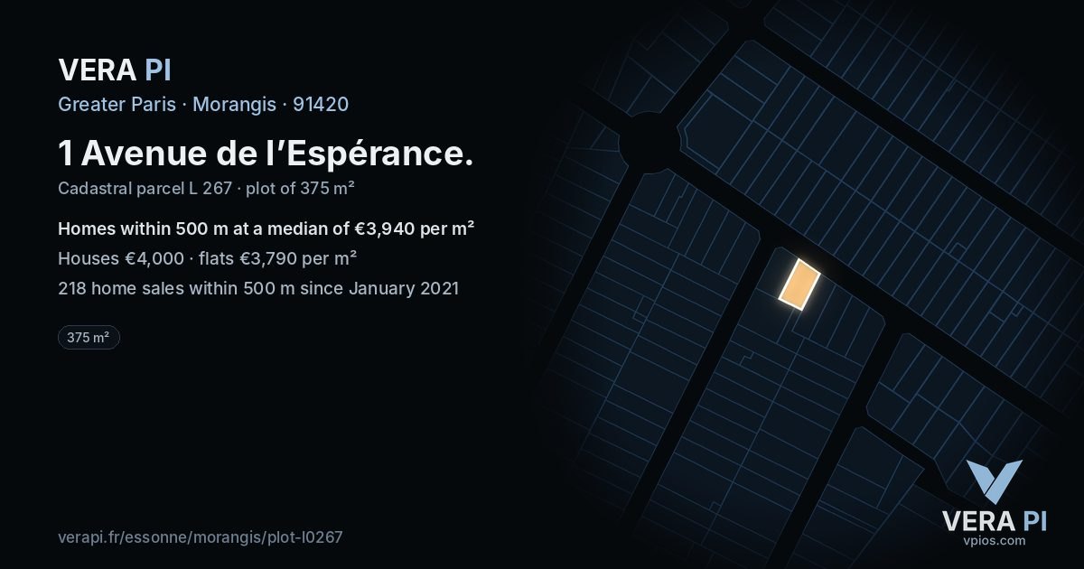 1 Avenue de l’Espérance, Morangis at night – the plot lit, the parcels around coloured by the prices near them