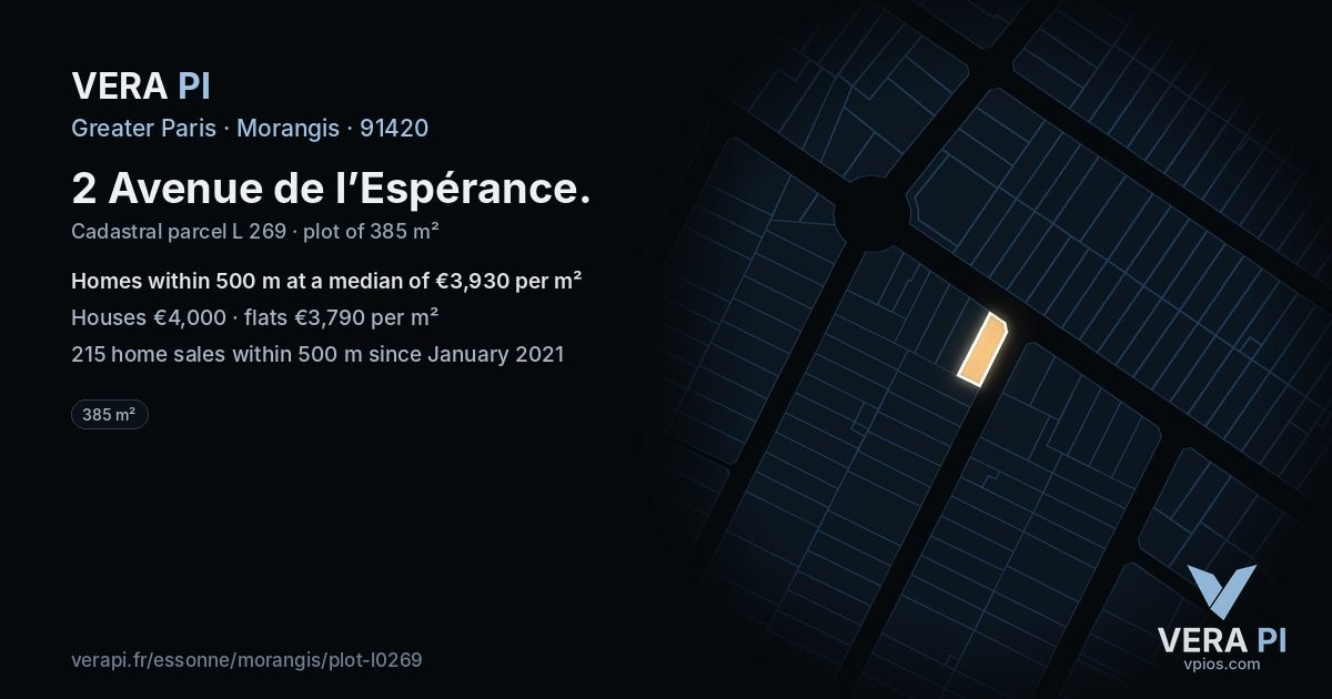 2 Avenue de l’Espérance, Morangis at night – the plot lit, the parcels around coloured by the prices near them
