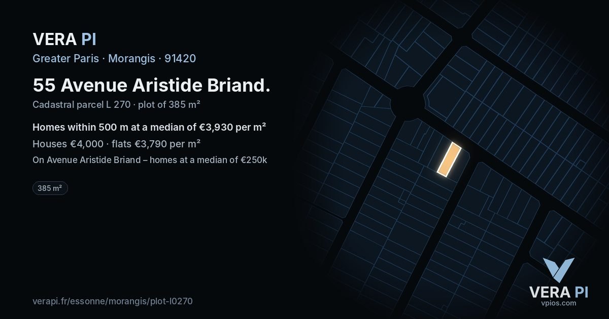 55 Avenue Aristide Briand, Morangis at night – the plot lit, the parcels around coloured by the prices near them