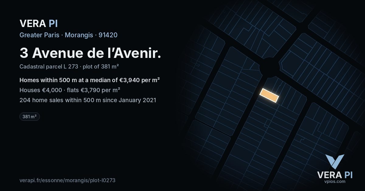 3 Avenue de l’Avenir, Morangis at night – the plot lit, the parcels around coloured by the prices near them