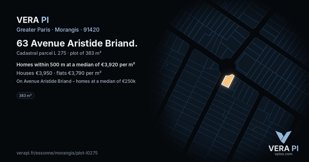 63 Avenue Aristide Briand, Morangis at night – the plot lit, the parcels around coloured by the prices near them