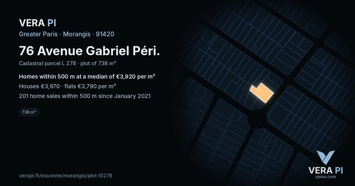76 Avenue Gabriel Péri, Morangis at night – the plot lit, the parcels around coloured by the prices near them
