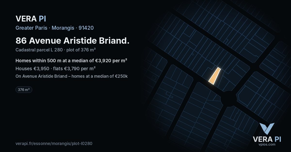 86 Avenue Aristide Briand, Morangis at night – the plot lit, the parcels around coloured by the prices near them