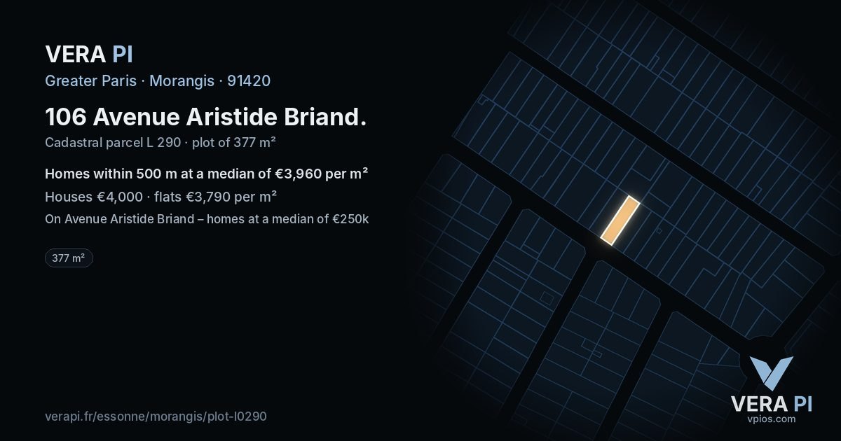 106 Avenue Aristide Briand, Morangis at night – the plot lit, the parcels around coloured by the prices near them