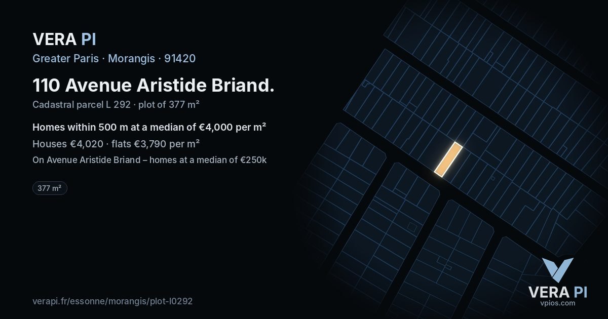 110 Avenue Aristide Briand, Morangis at night – the plot lit, the parcels around coloured by the prices near them