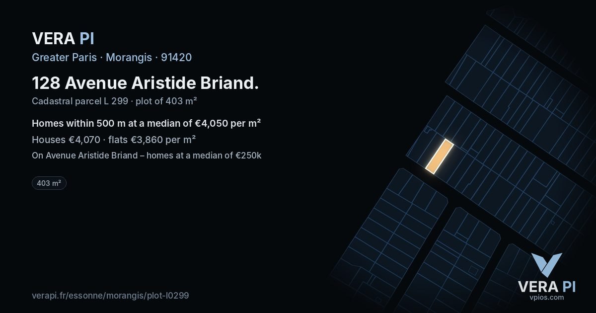 128 Avenue Aristide Briand, Morangis at night – the plot lit, the parcels around coloured by the prices near them