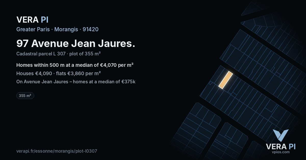 97 Avenue Jean Jaures, Morangis at night – the plot lit, the parcels around coloured by the prices near them