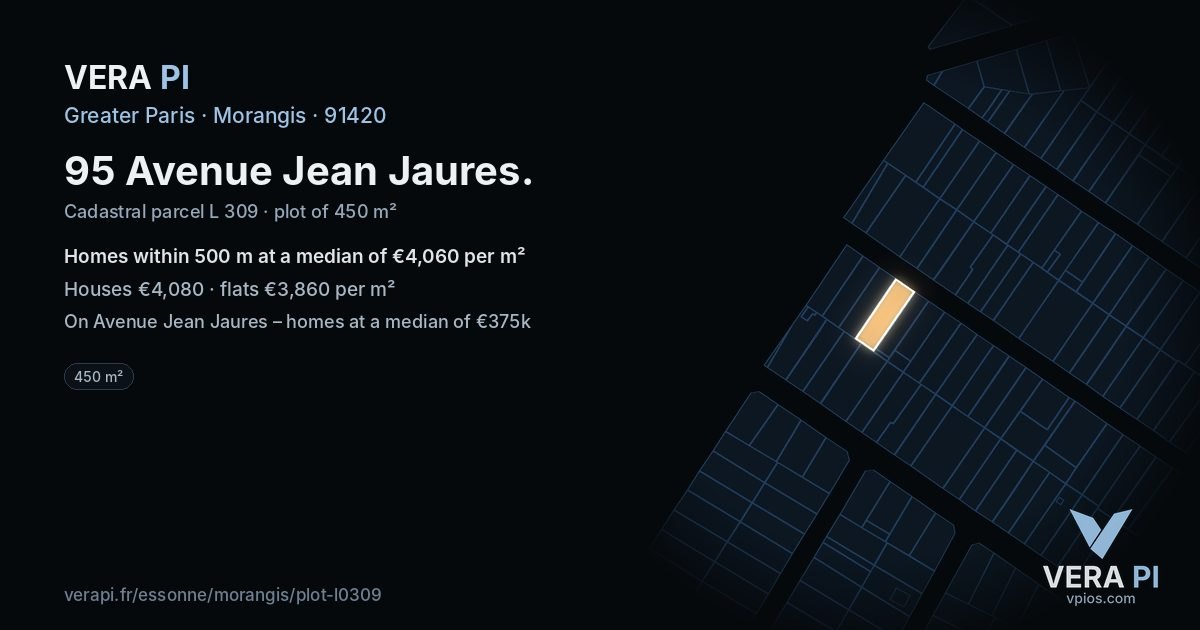 95 Avenue Jean Jaures, Morangis at night – the plot lit, the parcels around coloured by the prices near them