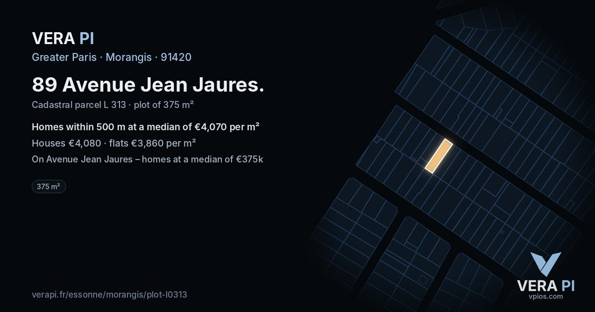 89 Avenue Jean Jaures, Morangis at night – the plot lit, the parcels around coloured by the prices near them