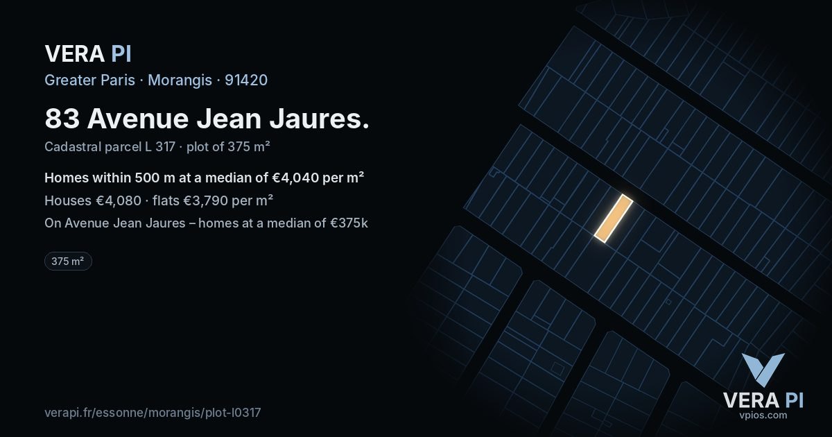 83 Avenue Jean Jaures, Morangis at night – the plot lit, the parcels around coloured by the prices near them