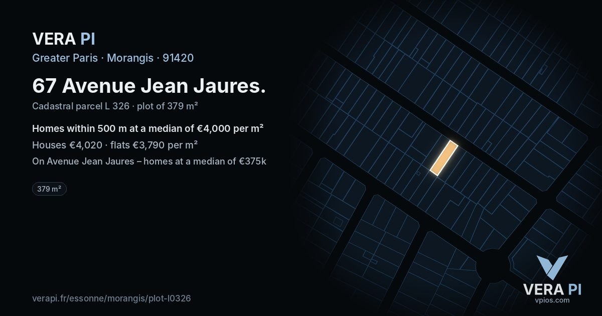 67 Avenue Jean Jaures, Morangis at night – the plot lit, the parcels around coloured by the prices near them