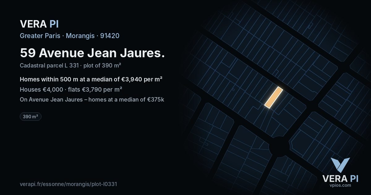 59 Avenue Jean Jaures, Morangis at night – the plot lit, the parcels around coloured by the prices near them