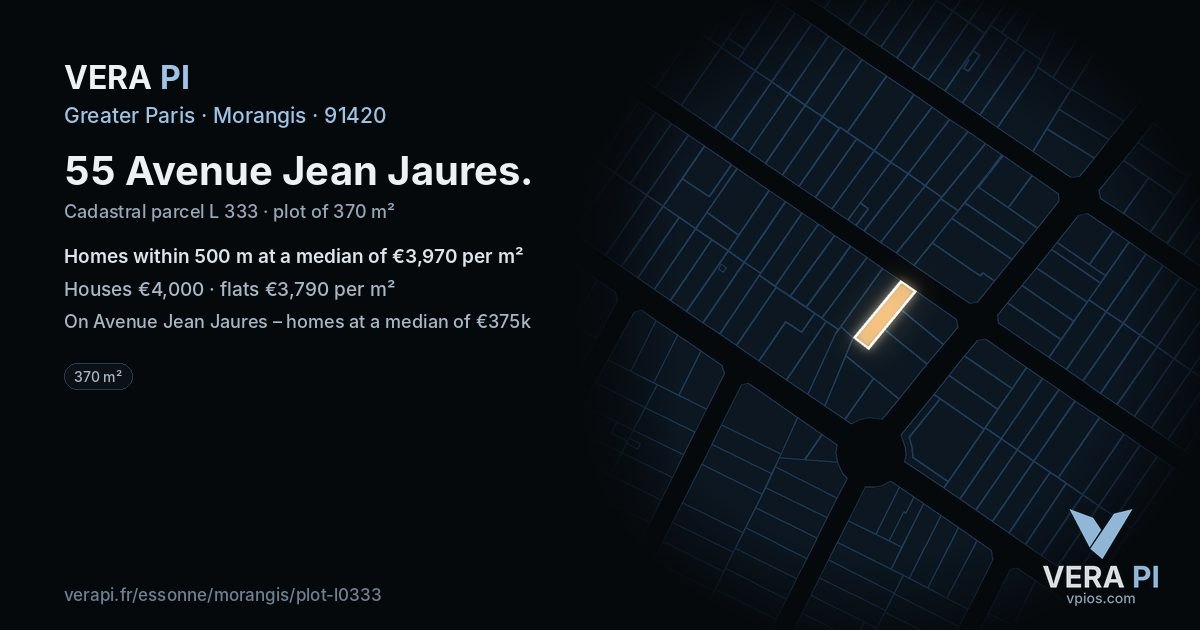 55 Avenue Jean Jaures, Morangis at night – the plot lit, the parcels around coloured by the prices near them