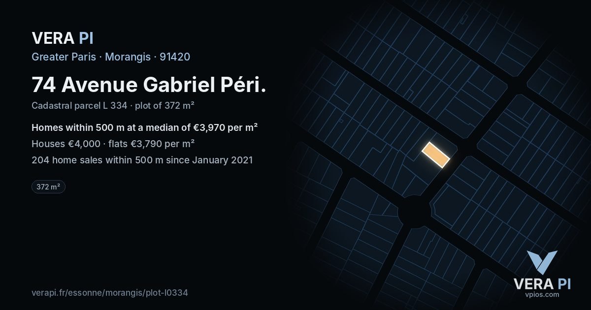74 Avenue Gabriel Péri, Morangis at night – the plot lit, the parcels around coloured by the prices near them