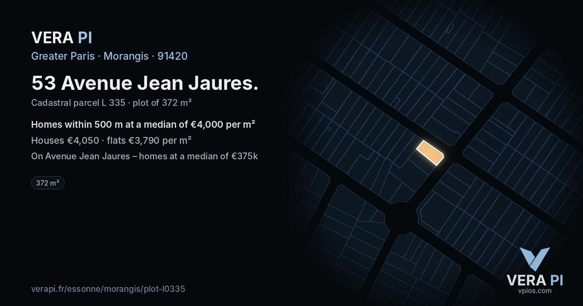 53 Avenue Jean Jaures, Morangis at night – the plot lit, the parcels around coloured by the prices near them
