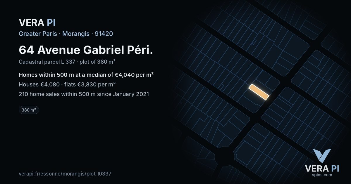 64 Avenue Gabriel Péri, Morangis at night – the plot lit, the parcels around coloured by the prices near them