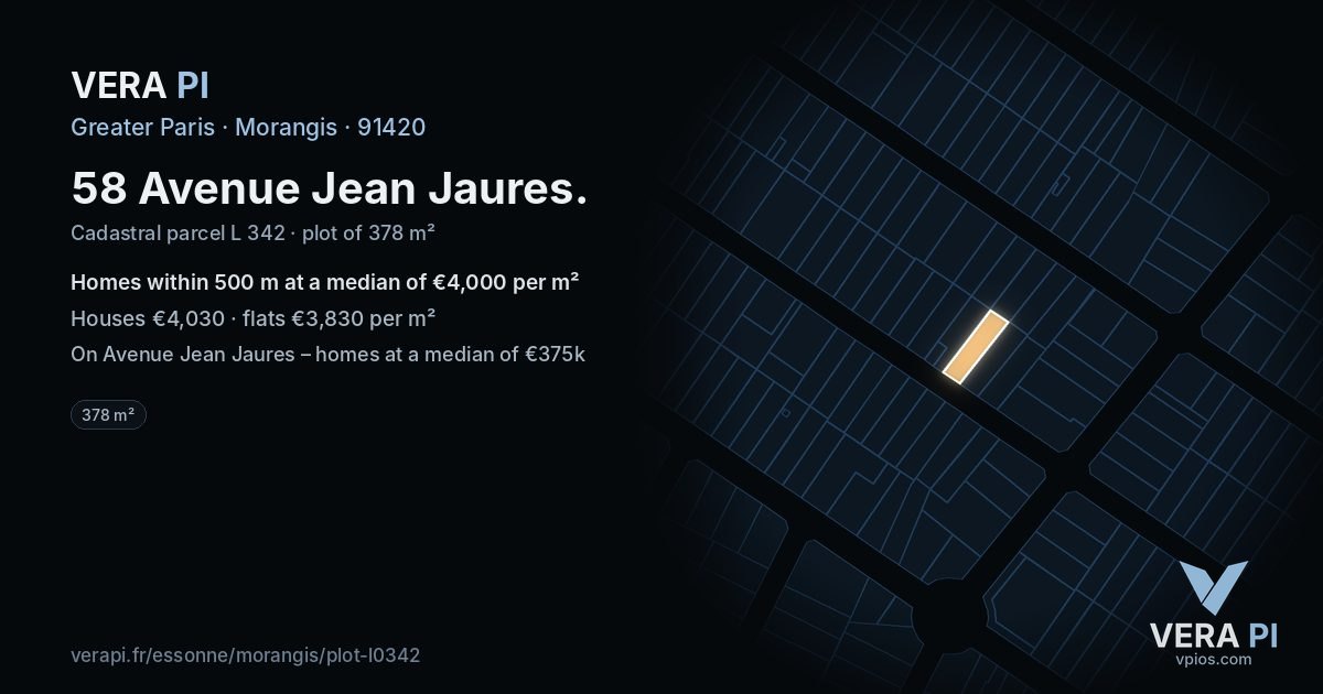 58 Avenue Jean Jaures, Morangis at night – the plot lit, the parcels around coloured by the prices near them