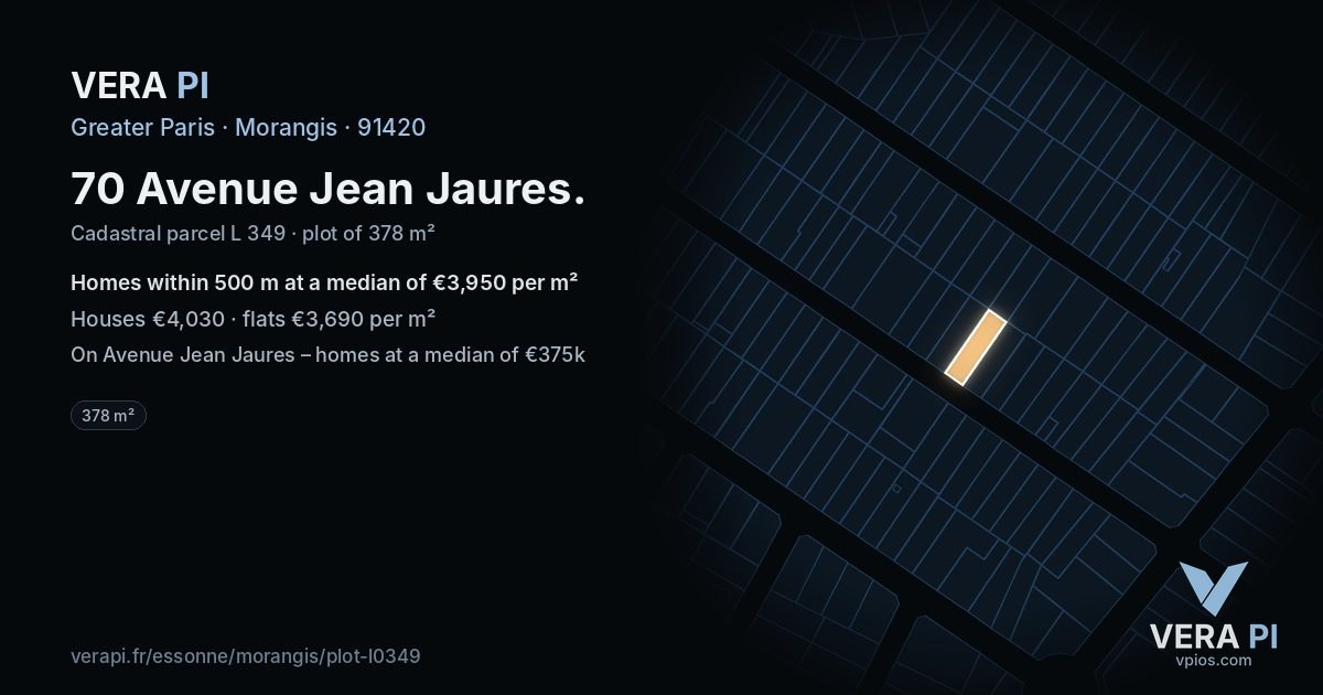 70 Avenue Jean Jaures, Morangis at night – the plot lit, the parcels around coloured by the prices near them