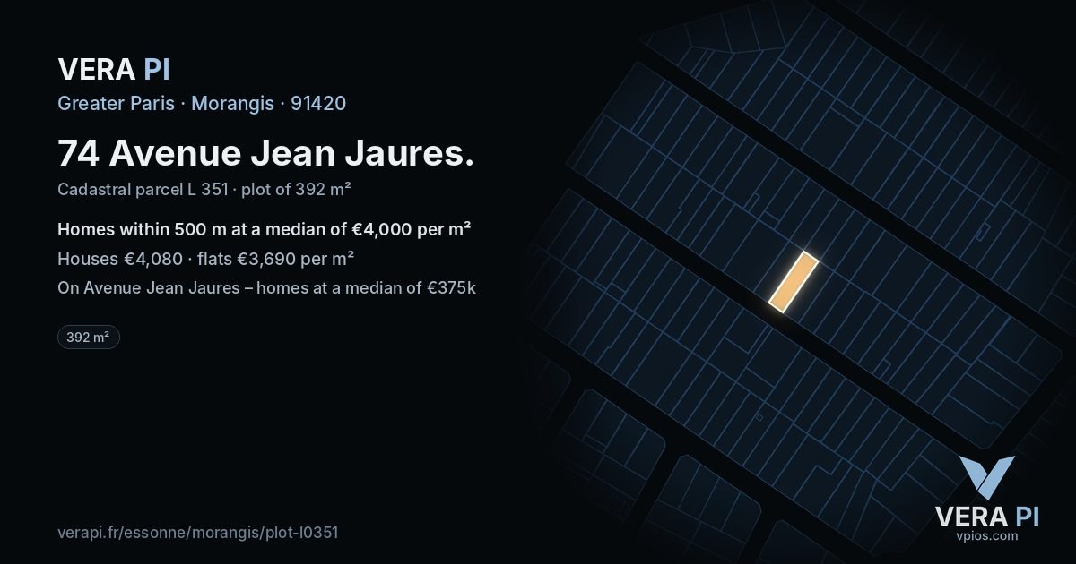 74 Avenue Jean Jaures, Morangis at night – the plot lit, the parcels around coloured by the prices near them