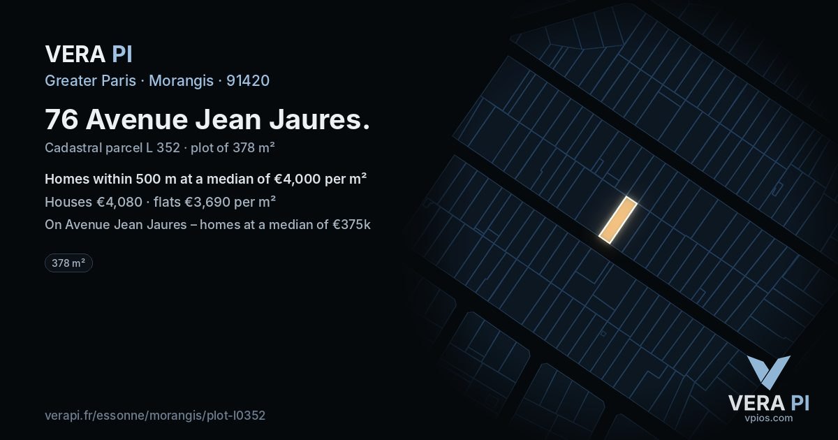 76 Avenue Jean Jaures, Morangis at night – the plot lit, the parcels around coloured by the prices near them