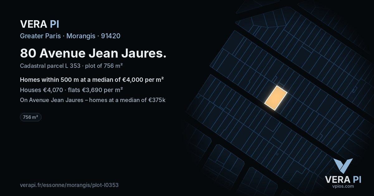 80 Avenue Jean Jaures, Morangis at night – the plot lit, the parcels around coloured by the prices near them