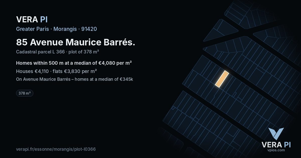 85 Avenue Maurice Barrés, Morangis at night – the plot lit, the parcels around coloured by the prices near them