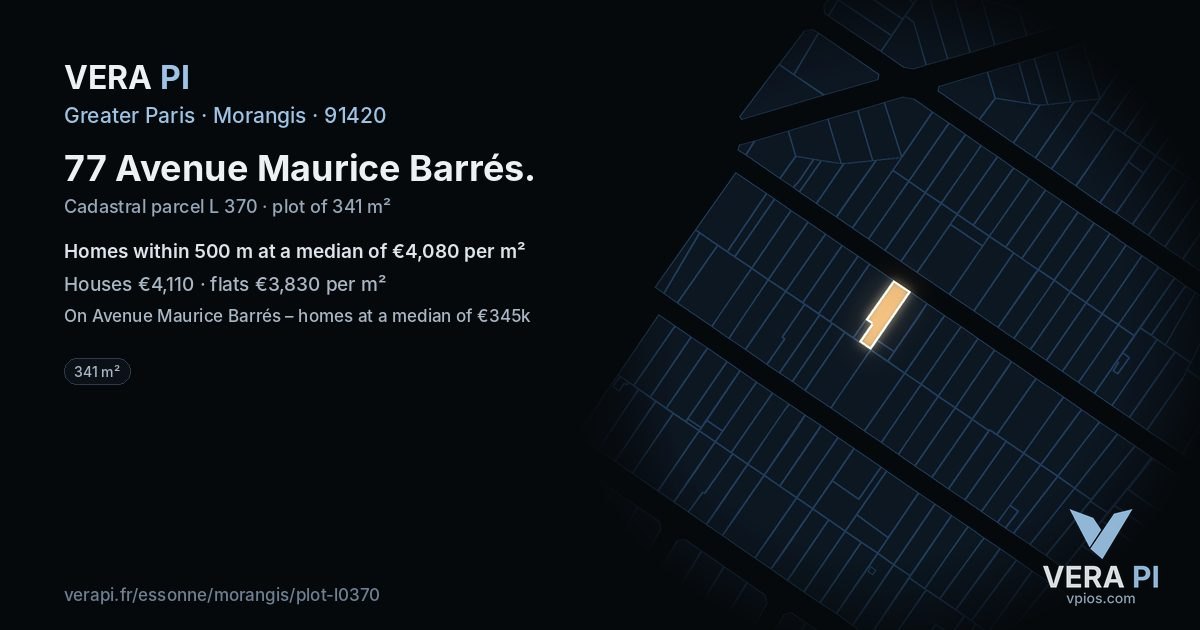 77 Avenue Maurice Barrés, Morangis at night – the plot lit, the parcels around coloured by the prices near them