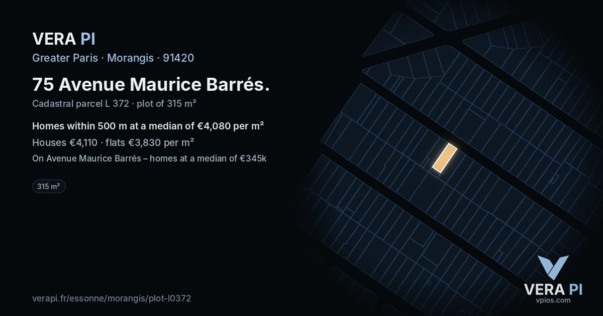 75 Avenue Maurice Barrés, Morangis at night – the plot lit, the parcels around coloured by the prices near them