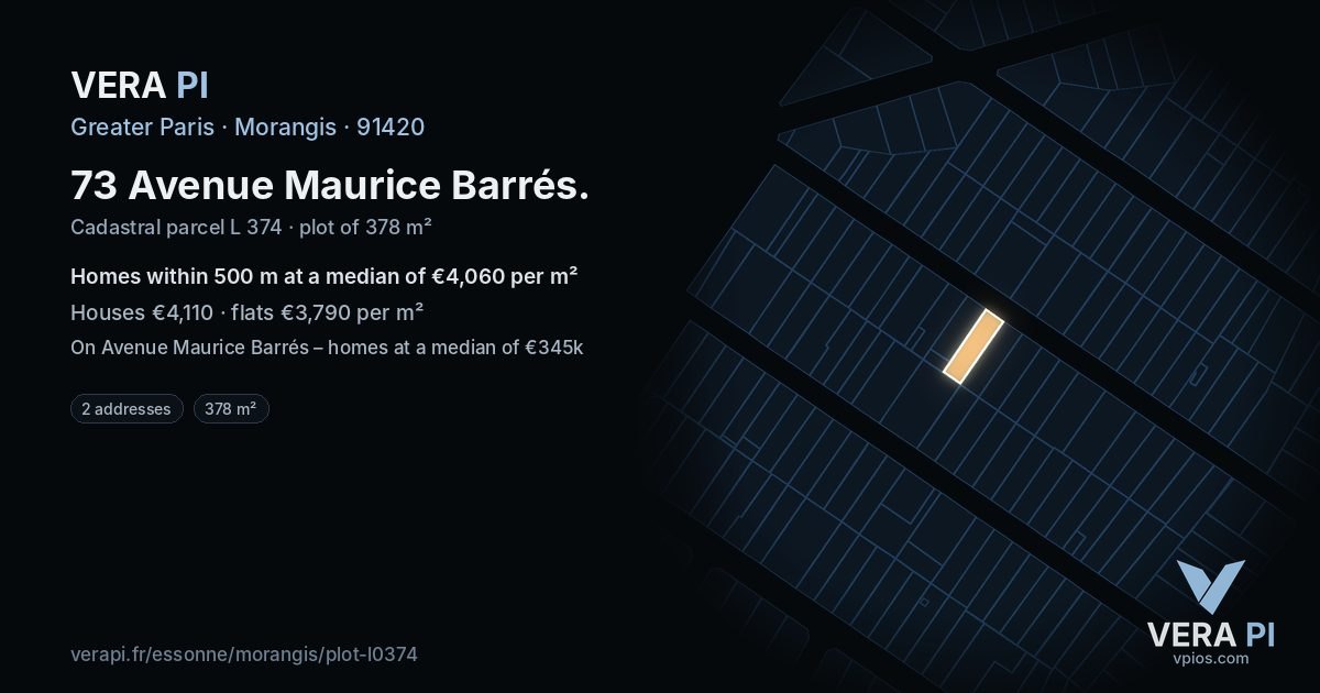 73 Avenue Maurice Barrés, Morangis at night – the plot lit, the parcels around coloured by the prices near them