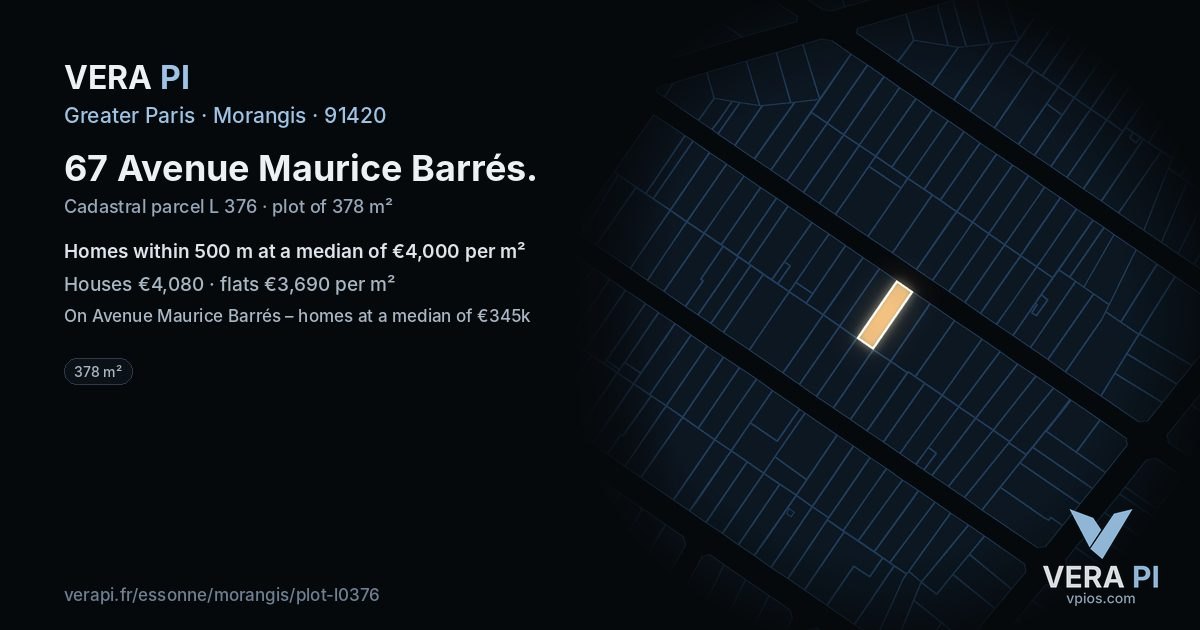 67 Avenue Maurice Barrés, Morangis at night – the plot lit, the parcels around coloured by the prices near them
