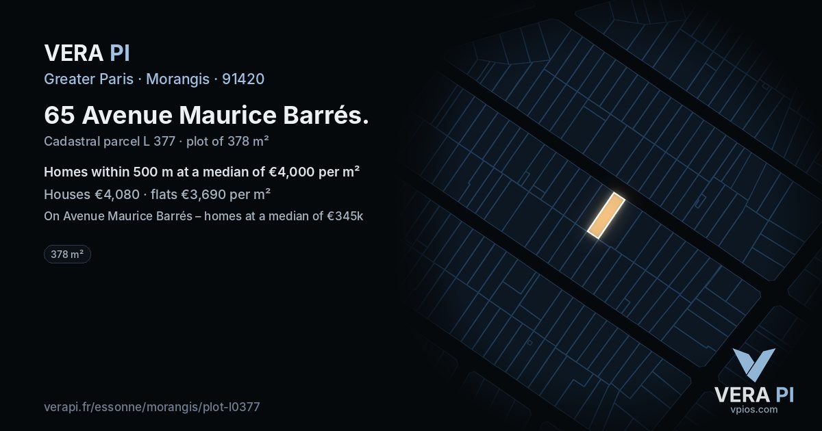 65 Avenue Maurice Barrés, Morangis at night – the plot lit, the parcels around coloured by the prices near them