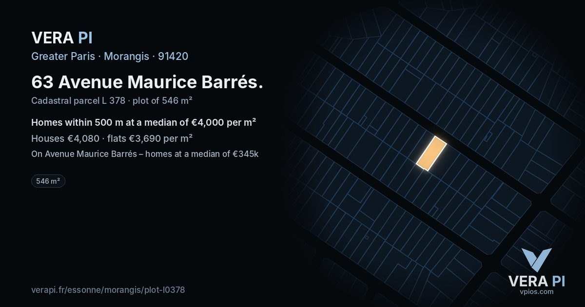 63 Avenue Maurice Barrés, Morangis at night – the plot lit, the parcels around coloured by the prices near them