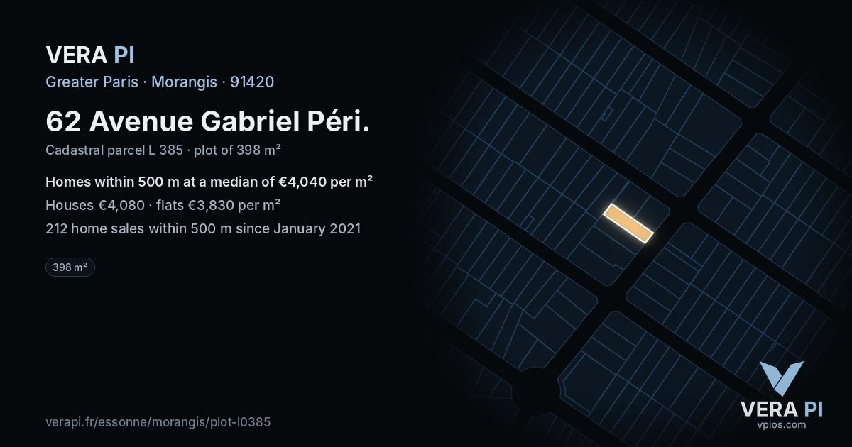 62 Avenue Gabriel Péri, Morangis at night – the plot lit, the parcels around coloured by the prices near them