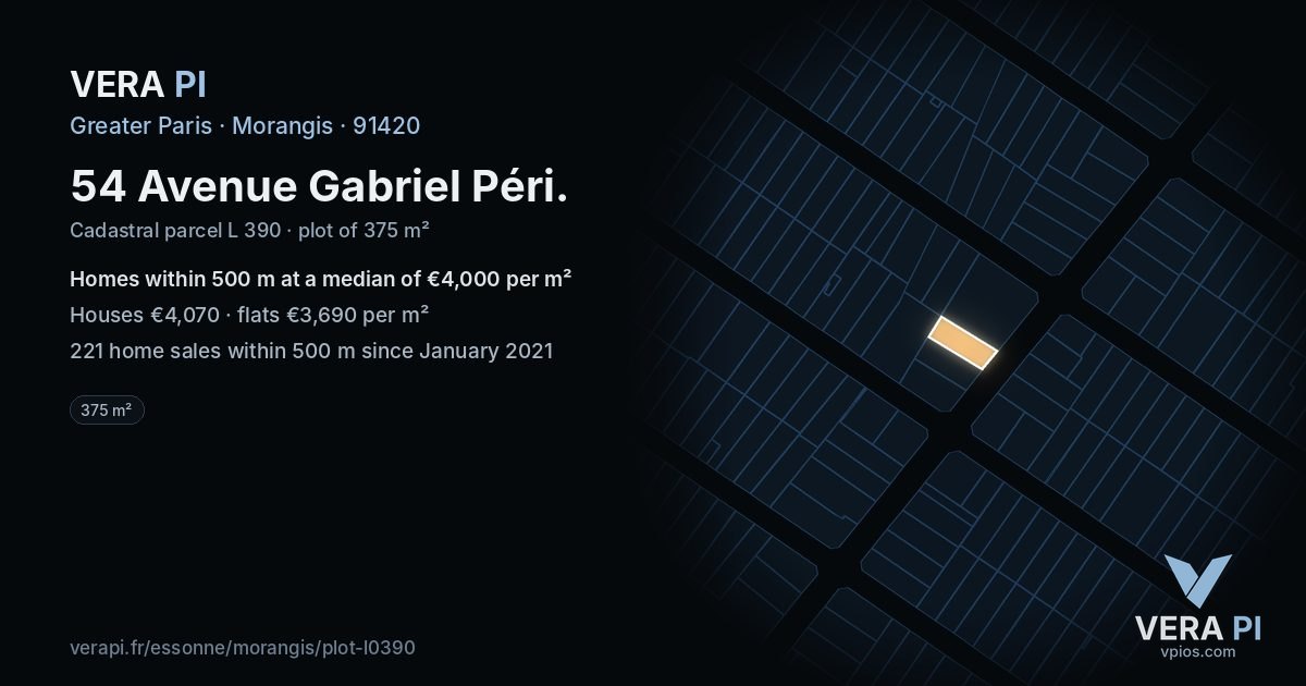 54 Avenue Gabriel Péri, Morangis at night – the plot lit, the parcels around coloured by the prices near them