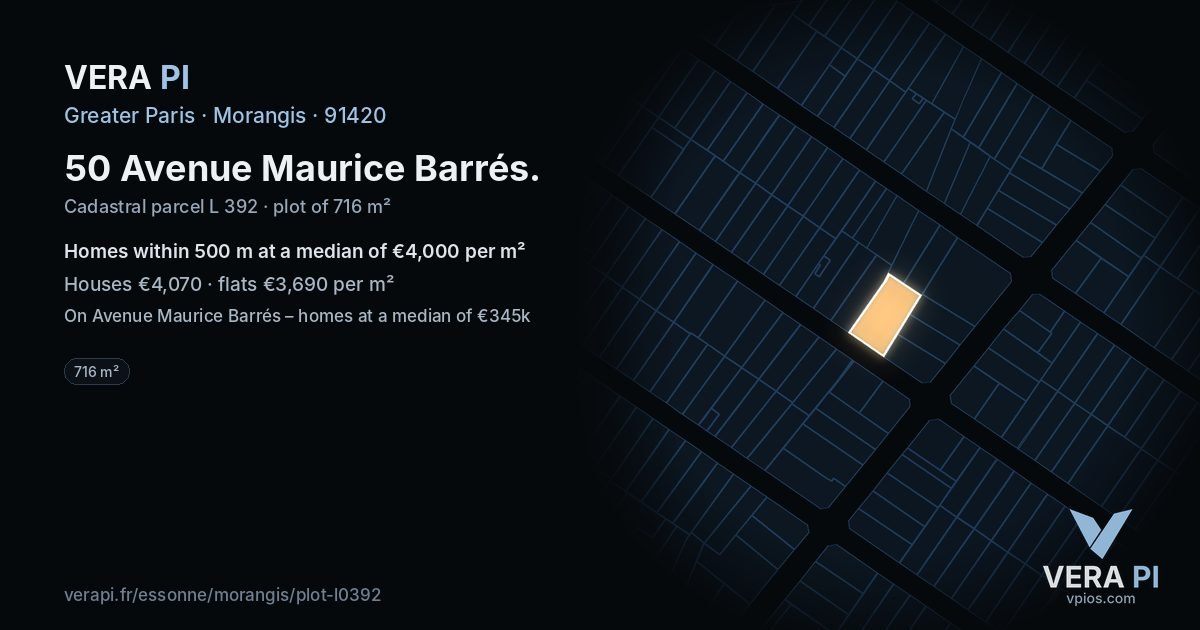 50 Avenue Maurice Barrés, Morangis at night – the plot lit, the parcels around coloured by the prices near them