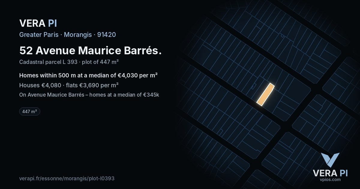 52 Avenue Maurice Barrés, Morangis at night – the plot lit, the parcels around coloured by the prices near them