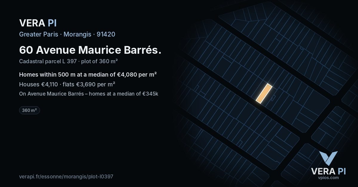 60 Avenue Maurice Barrés, Morangis at night – the plot lit, the parcels around coloured by the prices near them
