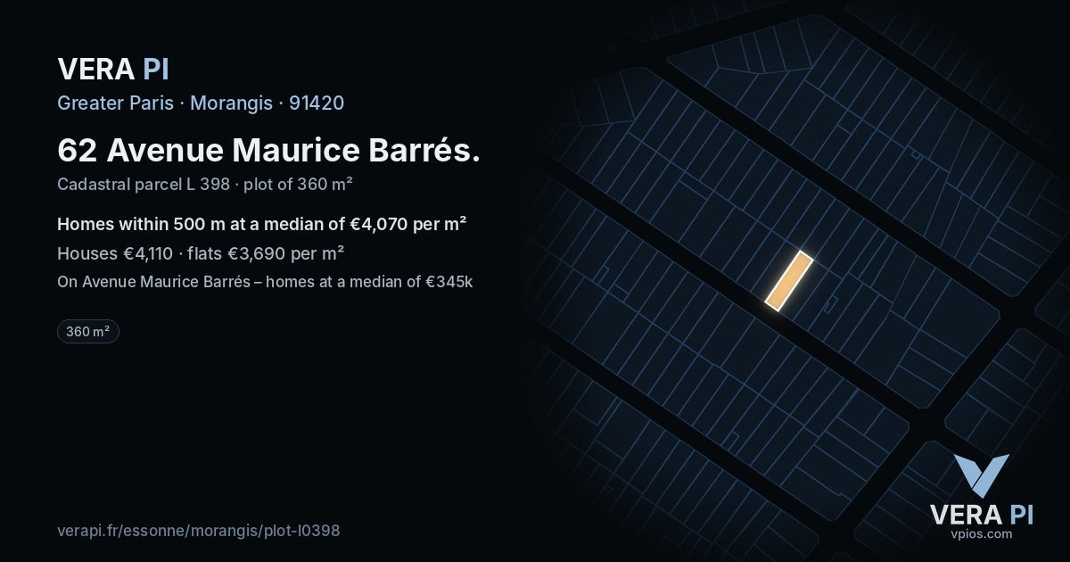 62 Avenue Maurice Barrés, Morangis at night – the plot lit, the parcels around coloured by the prices near them