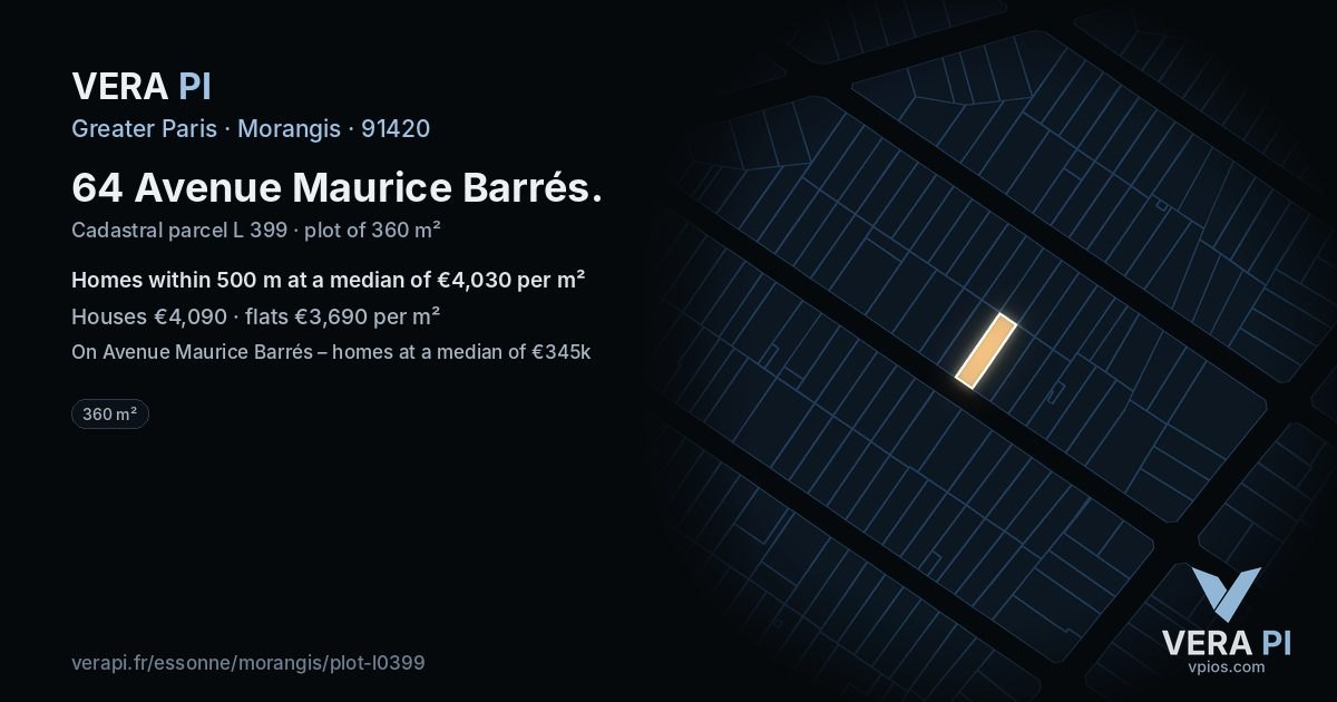 64 Avenue Maurice Barrés, Morangis at night – the plot lit, the parcels around coloured by the prices near them